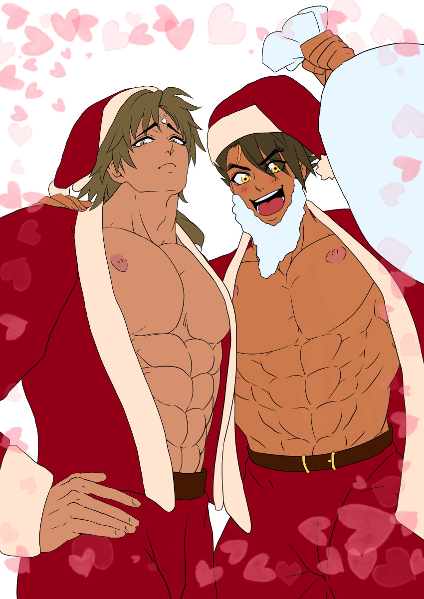 2boys abs big_pecs blush brown_hair brown_skin christmas christmas_outfit circlet dark-skinned_male dark_hair dark_skin facial_scar fake_beard frown fur_trim gaolang_wongsawat hair_over_one_eye hand_on_hip hinakine kengan_(series) kengan_ashura long_hair_male looking_at_viewer low-tied_long_hair male male_only muscular muscular_male open_jacket open_mouth open_shirt pecs santa_costume santa_hat smile tan_skin tied_hair yaoi yellow_eyes yoroizuka_saw_paing