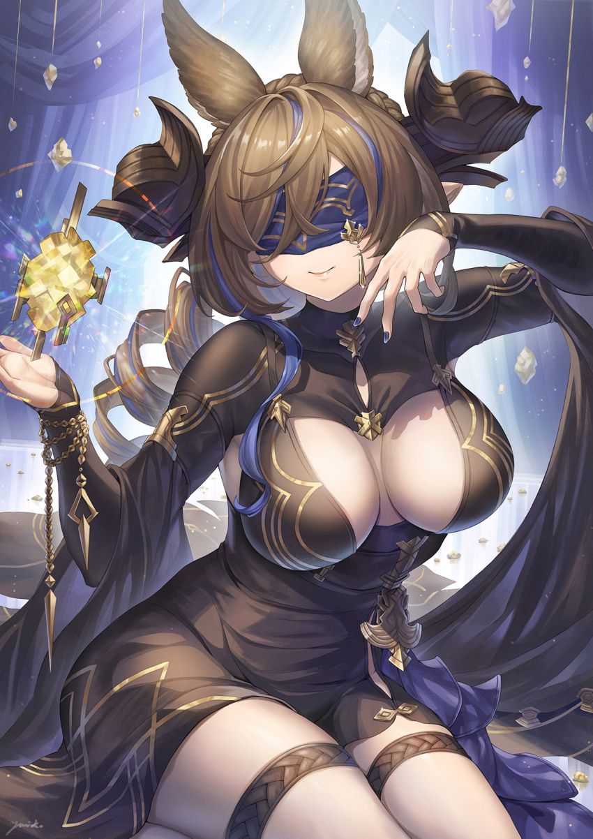 animal_ears black_dress blindfold blue_blindfold blue_hair breasts brown_hair cleavage cleavage_cutout closed_mouth clothing_cutout covered_eyes dress drill_hair drill_ponytail extra_ears female galleon_(granblue_fantasy) galleon_(life's_compassionate_observer)_(granblue_fantasy) granblue_fantasy highres horns large_breasts lips long_hair long_sleeves multicolored_hair official_alternate_costume pointy_ears purple_nails sitting smile solo streaked_hair thigh_strap thighs yuiko_(yuiyuiko_108)