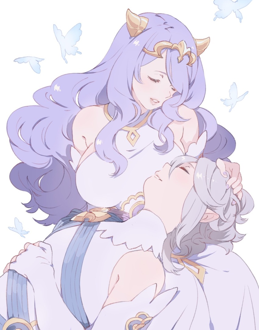 1boy ai-wa bug butterfly camilla_(adrift)_(fire_emblem) camilla_(fire_emblem) closed_eyes commentary commission corrin_(fire_emblem) corrin_(male)_(adrift)_(fire_emblem) corrin_(male)_(fire_emblem) dress elbow_gloves english_commentary female fire_emblem fire_emblem_fates fire_emblem_heroes gloves hand_on_another's_head highres lap_pillow long_hair open_mouth pointy_ears purple_hair simple_background tiara white_background white_gloves white_hair