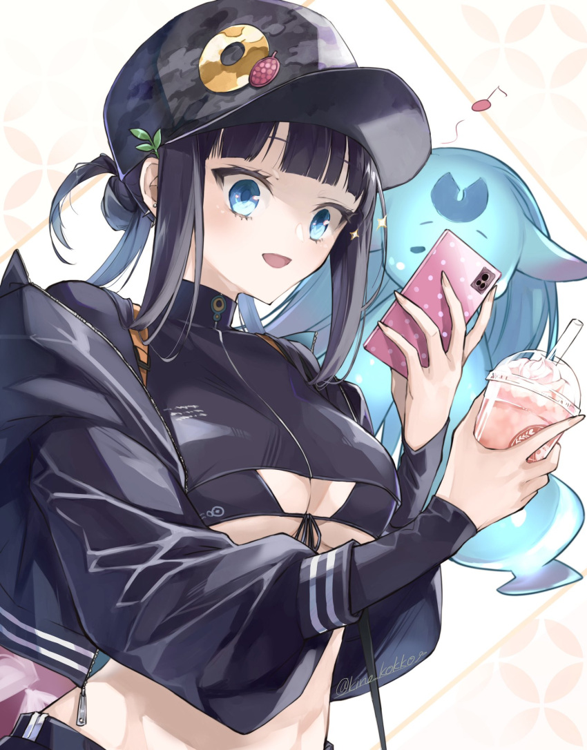 badge baseball_cap bikini bikini_under_clothes black_bikini black_jacket black_shirt blue_eyes blush breasts button_badge camouflage camouflage_headwear cellphone cleavage cropped_shirt cup fate/grand_order fate_(series) female hair_ornament hat highres jacket kino_kokko leaf_hair_ornament long_hair long_sleeves medium_breasts open_clothes open_jacket open_mouth phone purple_hair shirt sidelocks smile swimsuit yang_guifei_(event_portrait)_(fate) yang_guifei_(fate)