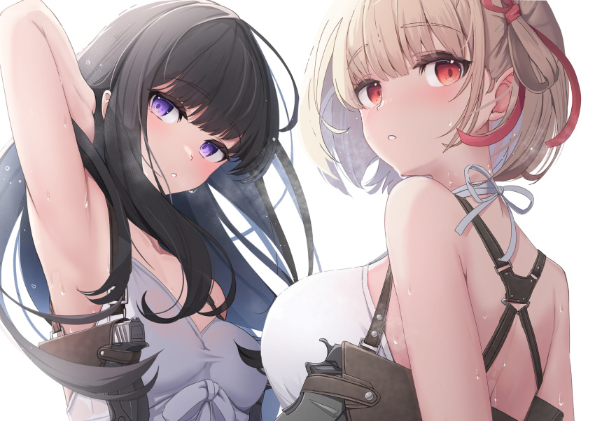 2girls :o arm_behind_head armpits bare_arms bare_shoulders black_hair blonde_hair breasts camisole collarbone commentary_request grey_camisole gun hand_up handgun highres holster holstered inoue_takina large_breasts long_hair looking_at_viewer lycoris_recoil m1911 medium_breasts multiple_girls nishikigi_chisato parted_lips purple_eyes red_eyes s&w_m&p short_hair shoulder_holster simple_background sweat tatapopo weapon white_background white_camisole