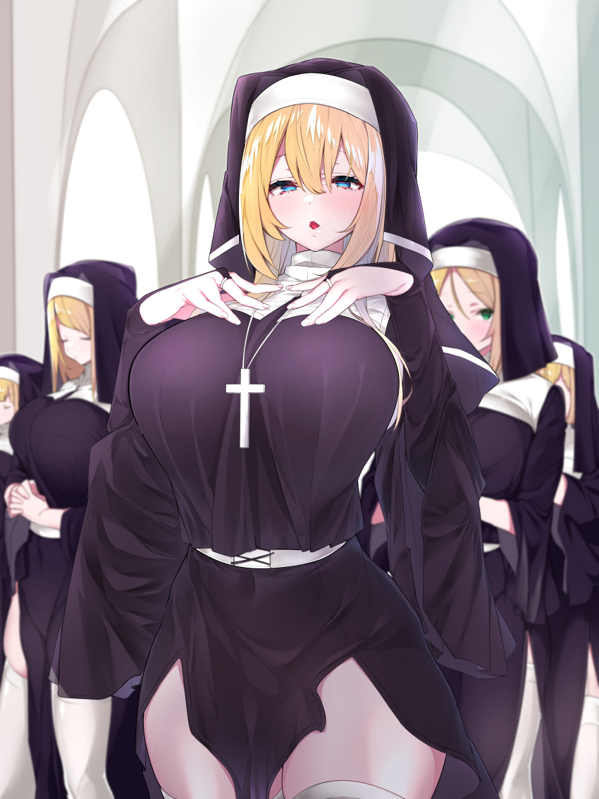 5girls absurdres blonde_hair blue_eyes blurry breasts commentary_request covered_navel cross cross_necklace curvy depth_of_field habit highres huge_breasts jewelry large_breasts long_hair looking_at_viewer mitsudoue multiple_girls necklace nun original parted_lips ring thick_thighs thighhighs thighs white_thighhighs wide_hips