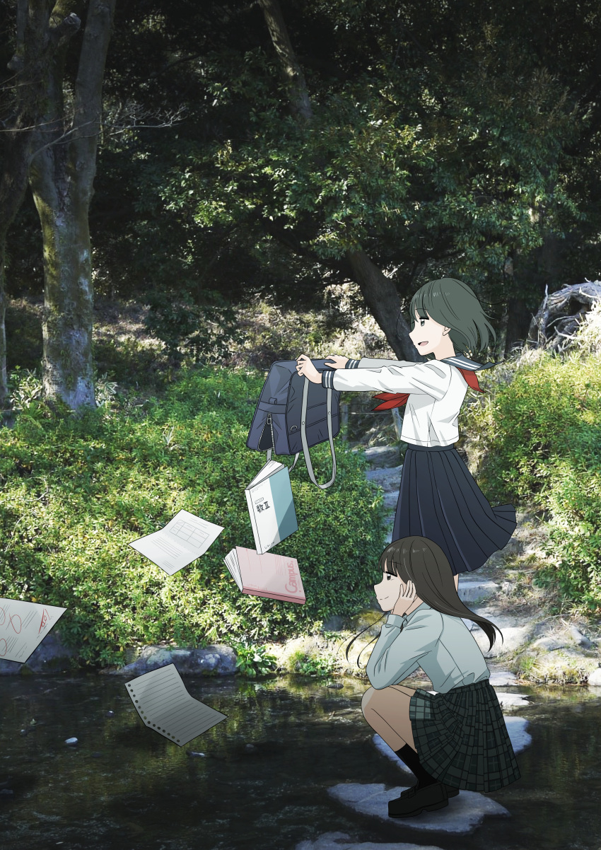 2girls absurdres academic_test bad_id bad_pixiv_id bag black_footwear black_legwear black_sailor_collar black_skirt blouse brown_hair bush collared_shirt commentary_request day falling from_side full_body green_skirt highres loafers long_hair long_sleeves multiple_girls neckerchief notebook open_bag original outdoors paper photo_(medium) photo_background plaid plaid_skirt pleated_skirt profile red_neckerchief river sailor_collar school_bag school_uniform serafuku shirt shoes short_hair skirt socks squatting standing stepping_stones test_score tree tsuzuki_amy white_shirt