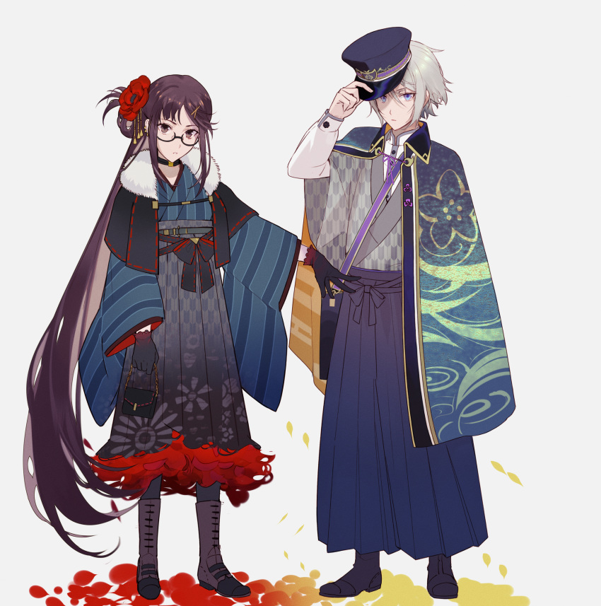 1boy alternate_costume blue_eyes boots brown_hair cape commentary_request csyday fate/grand_order fate_(series) female flower grey_hair hair_between_eyes hair_flower hair_ornament hakama hakama_skirt highres japanese_clothes kimono long_hair prince_of_lan_ling_(fate) skirt taishou very_long_hair white_hair yagasuri yu_mei-ren_(fate) yukata