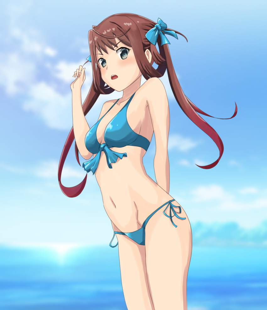 asagumo_(kancolle) bikini blue_sky breasts brown_hair chuchu_tako cloud commentary_request cowboy_shot day female grey_eyes hair_ribbon highres kantai_collection long_hair looking_at_viewer ocean one-hour_drawing_challenge outdoors ribbon sky small_breasts solo standing swimsuit twintails twitter_username