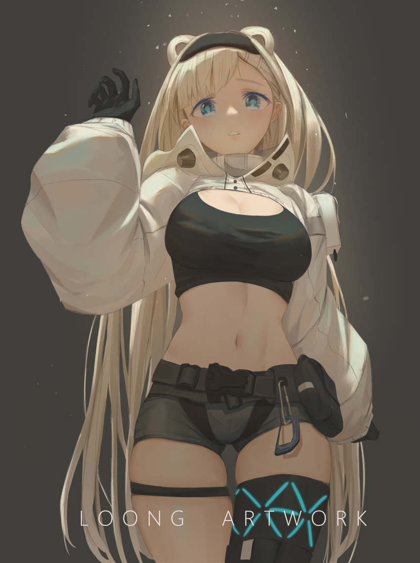 absurdres animal_ears arknights artist_name aurora_(arknights) aurora_(elite_ii)_(arknights) bear_ears black_gloves black_hairband black_shirt blue_eyes breasts cleavage commentary cowboy_shot crop_top female gloves grey_background grey_shorts hairband hand_up highres infection_monitor_(arknights) large_breasts long_hair long_sleeves looking_at_viewer loong_(loong_blo) midriff navel parted_lips pouch shirt short_shorts shorts shrug_(clothing) simple_background solo standing stomach thigh_gap thigh_strap thighs very_long_hair white_hair