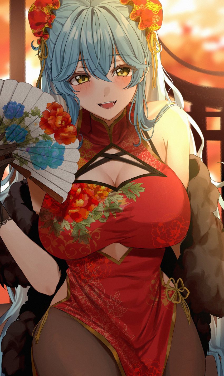 amyu_(amm_asl_pa) bad_id bad_pixiv_id bare_shoulders black_gloves blue_hair blush breasts bun_cover china_dress chinese_clothes cleavage cleavage_cutout clothing_cutout commentary_request double_bun dress feather_boa female floral_print folding_fan gloves hair_between_eyes hair_bun hand_fan hand_up highres holding holding_fan hololive large_breasts long_hair looking_at_viewer open_mouth pelvic_curtain print_dress red_dress side_slit sitting sleeveless sleeveless_dress smile solo very_long_hair virtual_youtuber yellow_eyes yukihana_lamy