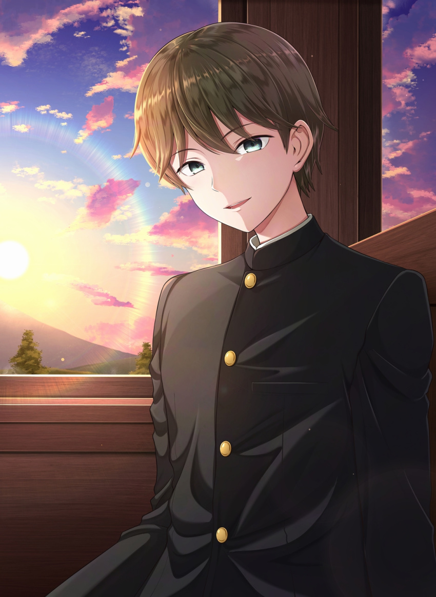 1boy brown_hair cloud gakuran highres long_sleeves looking_at_viewer male_focus school_uniform shima_tamahiko short_hair sitting sunrise taishou_otome_otogibanashi tree umasan