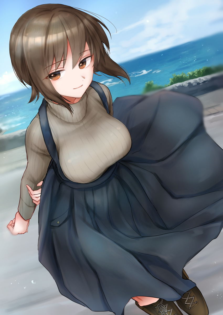 absurdres blue_sky boots breasts brown_eyes brown_footwear brown_hair casual commentary_request day dutch_angle emilio_(tetsukazu_no_ao) female girls_und_panzer highres horizon large_breasts light_smile long_sleeves looking_at_viewer nishizumi_maho ocean outdoors short_hair skirt sky solo suspender_skirt suspenders sweater turtleneck turtleneck_sweater