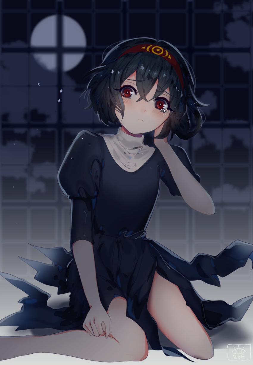 awee bare_legs black_dress black_hair blush commentary doppelganger_(monster_girl_encyclopedia) dress female frown full_moon hair_between_eyes hairband hand_on_own_cheek hand_on_own_face highres looking_at_viewer mixed-language_commentary monster_girl_encyclopedia moon night puffy_sleeves red_eyes red_hairband short_hair sitting solo tears window