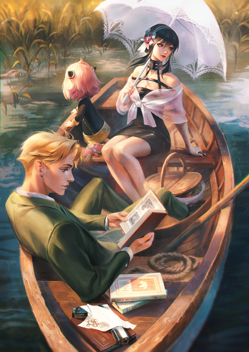 1boy 2girls anya_(spy_x_family) asphyxiation bare_shoulders basket black_choker black_dress black_footwear blonde_hair blue_eyes boat book breaking_bad breasts cameo choker cleavage closed_mouth collarbone commentary dagger death director_chimera_(spy_x_family) dress drowning eden_academy_school_uniform english_commentary family father_and_daughter formal frilled_umbrella frills gigachad_(meme) green_pants green_suit gun hairband hairpods hand_rest handgun highres holding holding_book holding_dagger holding_knife holding_umbrella holding_weapon husband_and_wife knife lake long_sleeves looking_to_the_side meme mother_and_daughter multiple_girls napkin necktie open_book outdoors pants parasol partially_submerged picnic_basket pink_hair reading red_circle red_eyes red_lips red_necktie rope rowboat school_uniform shirt short_hair_with_long_locks sitting sleeveless spy_x_family stiletto_(weapon) stuffed_toy submerged suit twilight_(spy_x_family) umbrella walter_white watercraft weapon white_hairband white_shirt white_umbrella yor_briar zoe_(crownsforkings)