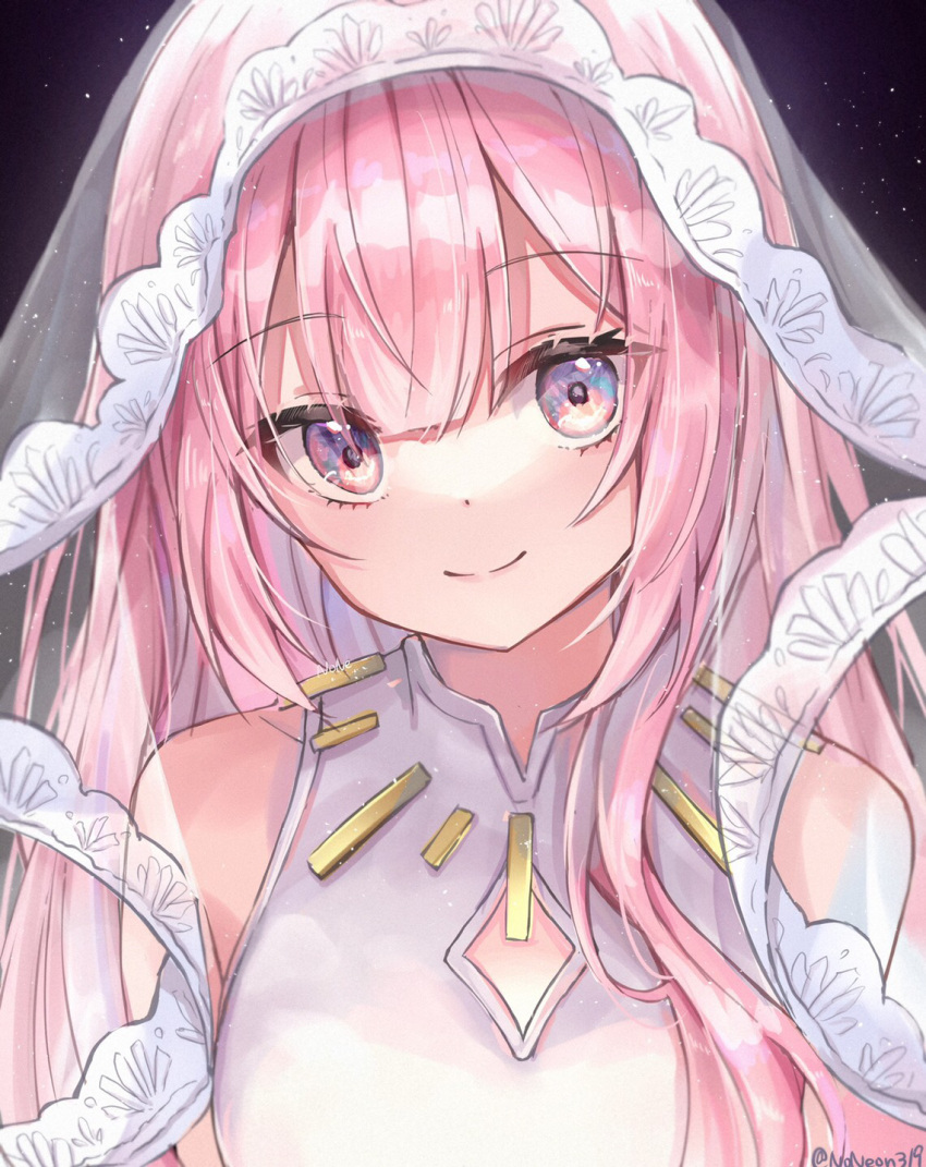 bare_shoulders closed_mouth clothing_cutout commentary dress female hair_between_eyes highres light_particles long_hair looking_at_viewer magical_mirai_(vocaloid) magical_mirai_luka magical_mirai_luka_(2021) megurine_luka multicolored_eyes noneon319 pink_hair purple_eyes signature sleeveless sleeveless_dress smile solo twitter_username upper_body veil vocaloid white_dress