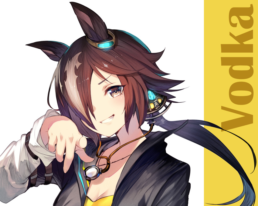 :d animal_ears black_jacket breasts brown_hair character_name cleavage female grin hair_over_one_eye highres horse_ears horse_girl jacket long_hair long_sleeves nakayama_yuuji ponytail smile solo stopwatch stopwatch_around_neck teeth umamusume vodka_(umamusume) yellow_eyes