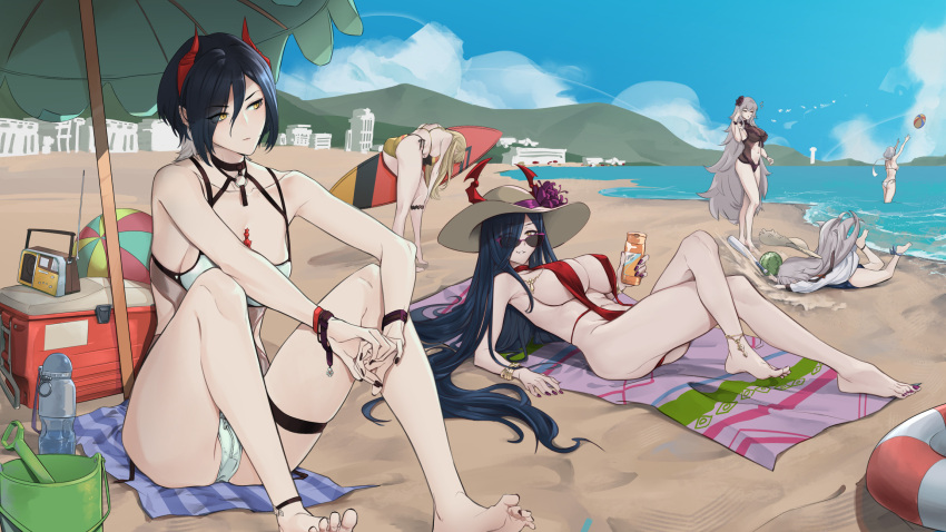 6+girls alternate_costume arm_support azur_lane ball bangle beach beach_umbrella beachball bikini bismarck_(azur_lane) black_flower black_hair black_one-piece_swimsuit black_rose blonde_hair blue_one-piece_swimsuit bracelet breasts casual_one-piece_swimsuit clothing_cutout covered_nipples crossed_bangs crossed_legs flower food friedrich_der_grosse_(azur_lane) fruit graf_zeppelin_(azur_lane) graf_zeppelin_(beachside_urd)_(azur_lane) hair_flower hair_ornament hat highres horns jewelry large_breasts leaning_forward long_hair lying multiple_girls nail_polish navel navel_cutout o-ring o-ring_bikini official_alternate_costume on_back one-piece_swimsuit outdoors partially_submerged rose sand side-tie_bikini_bottom sitting straw_hat sun_hat surf_(pokemon) swimsuit thigh_strap tirpitz_(azur_lane) tirpitz_(snow-melting_summer)_(azur_lane) ulrich_von_hutten_(azur_lane) umbrella very_long_hair watermelon white_bikini yellow_eyes yukimpoi z46_(azur_lane) z46_(her_first_summer)_(azur_lane)