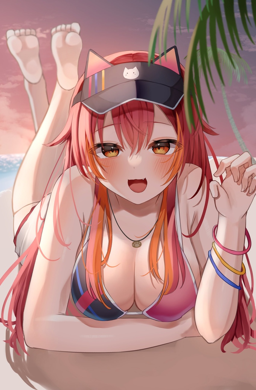 :3 :d artistic_error barefoot beach bikini black_hat blush bracelet breasts feet feet_up female hat highres jewelry large_breasts long_hair looking_at_viewer lying multicolored_bikini multicolored_clothes multicolored_hair necklace nekota_tsuna nekota_tsuna_(summer_c102) odashisan oerba_yun_fang on_stomach orange_eyes orange_hair pink_bikini red_hair short_shorts shorts smile soles solo streaked_hair swimsuit the_pose very_long_hair virtual_youtuber visor_cap vspo! white_shorts