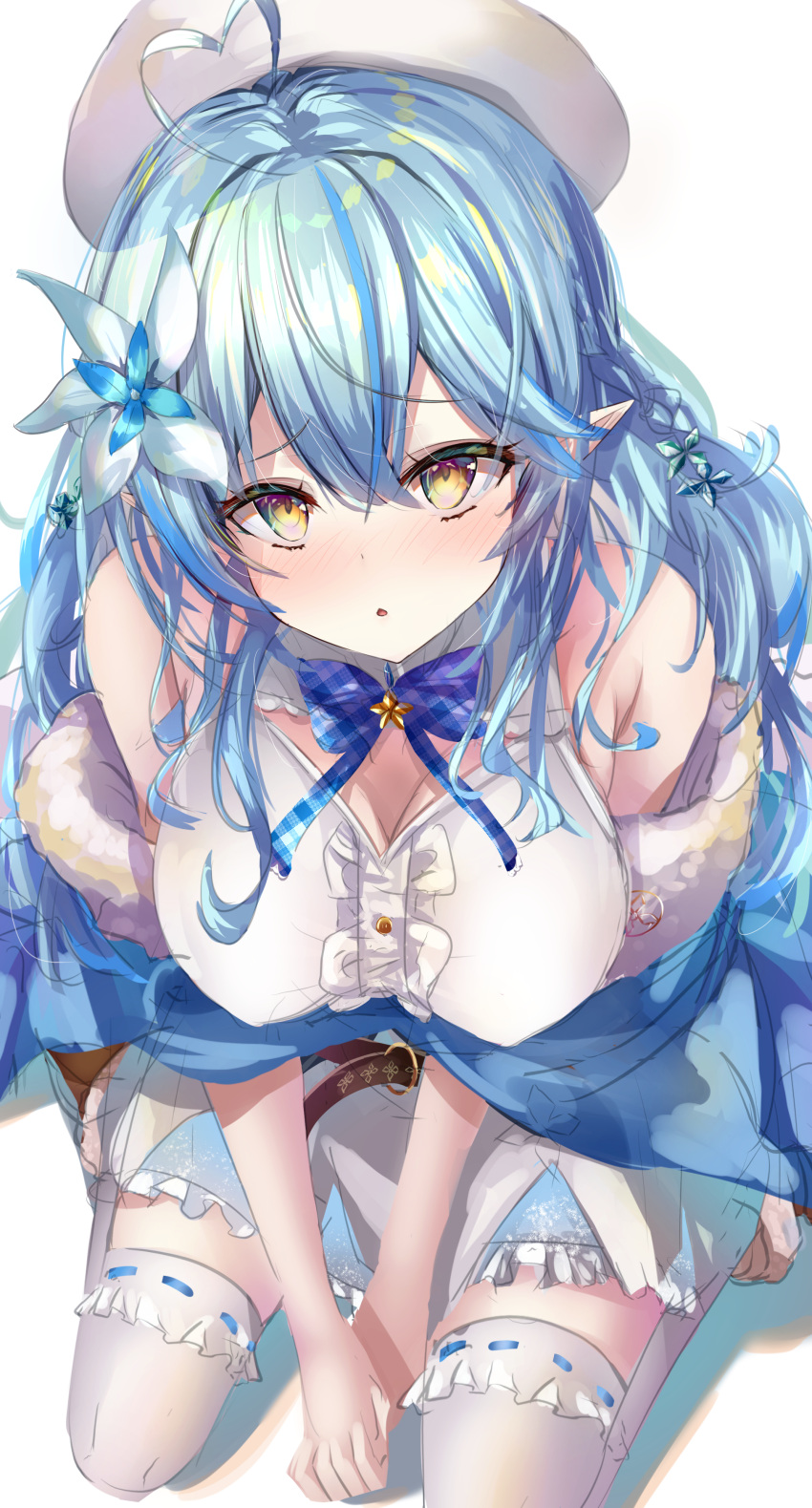 absurdres ahoge bare_shoulders beret blue_bow blue_bowtie blue_coat blue_hair blush bow bowtie braid breasts center_frills cleavage_cutout clothing_cutout coat colored_tips commentary_request female flower frilled_skirt frilled_thighhighs frills full_body fur-trimmed_coat fur_trim hai_0013 hair_between_eyes hair_flower hair_ornament half_updo hat heart heart_ahoge highres hololive large_breasts long_hair looking_at_viewer multicolored_hair off_shoulder parted_lips pointy_ears seiza shirt side_braid simple_background sitting skirt sleeveless sleeveless_shirt snowflake_hair_ornament solo streaked_hair thighhighs virtual_youtuber white_background white_flower white_hat white_shirt white_thighhighs yellow_eyes yukihana_lamy yukihana_lamy_(1st_costume)