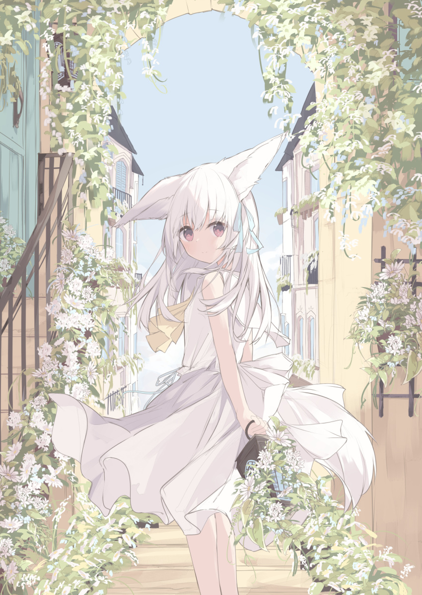 animal_ears bare_arms bare_shoulders blue_ribbon blue_sky bow building closed_mouth commentary_request day dress female flower from_side hair_ribbon highres holding holding_lantern kushida_you lantern long_hair looking_at_viewer looking_to_the_side original outdoors red_eyes ribbon sky sleeveless sleeveless_dress smile solo tail white_bow white_dress white_flower white_hair window