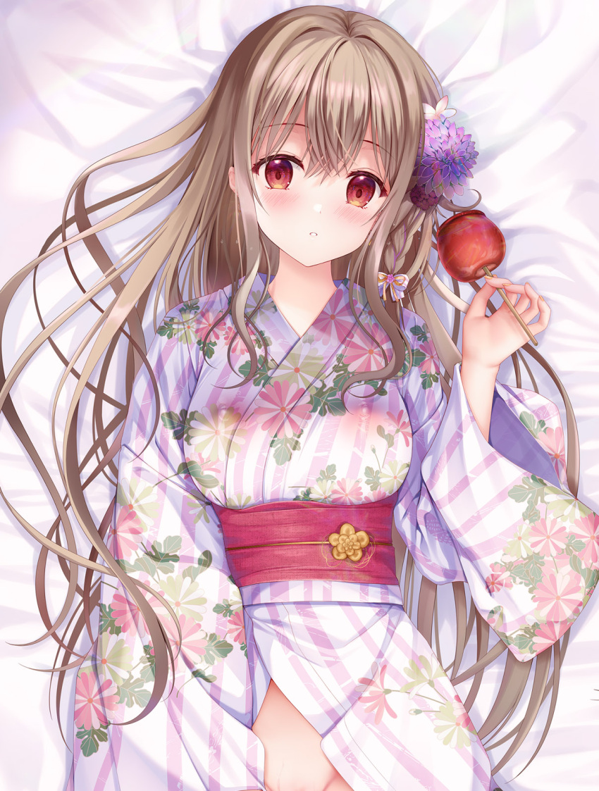 bed_sheet blush breasts brown_hair candy_apple commentary_request female floral_print flower food groin hair_between_eyes hair_flower hair_ornament highres holding holding_food japanese_clothes kimono long_sleeves looking_at_viewer maeda_shiori medium_breasts no_panties obi out-of-frame_censoring parted_lips print_kimono purple_flower red_eyes sash solo sousouman twinbox_school white_flower white_kimono wide_sleeves