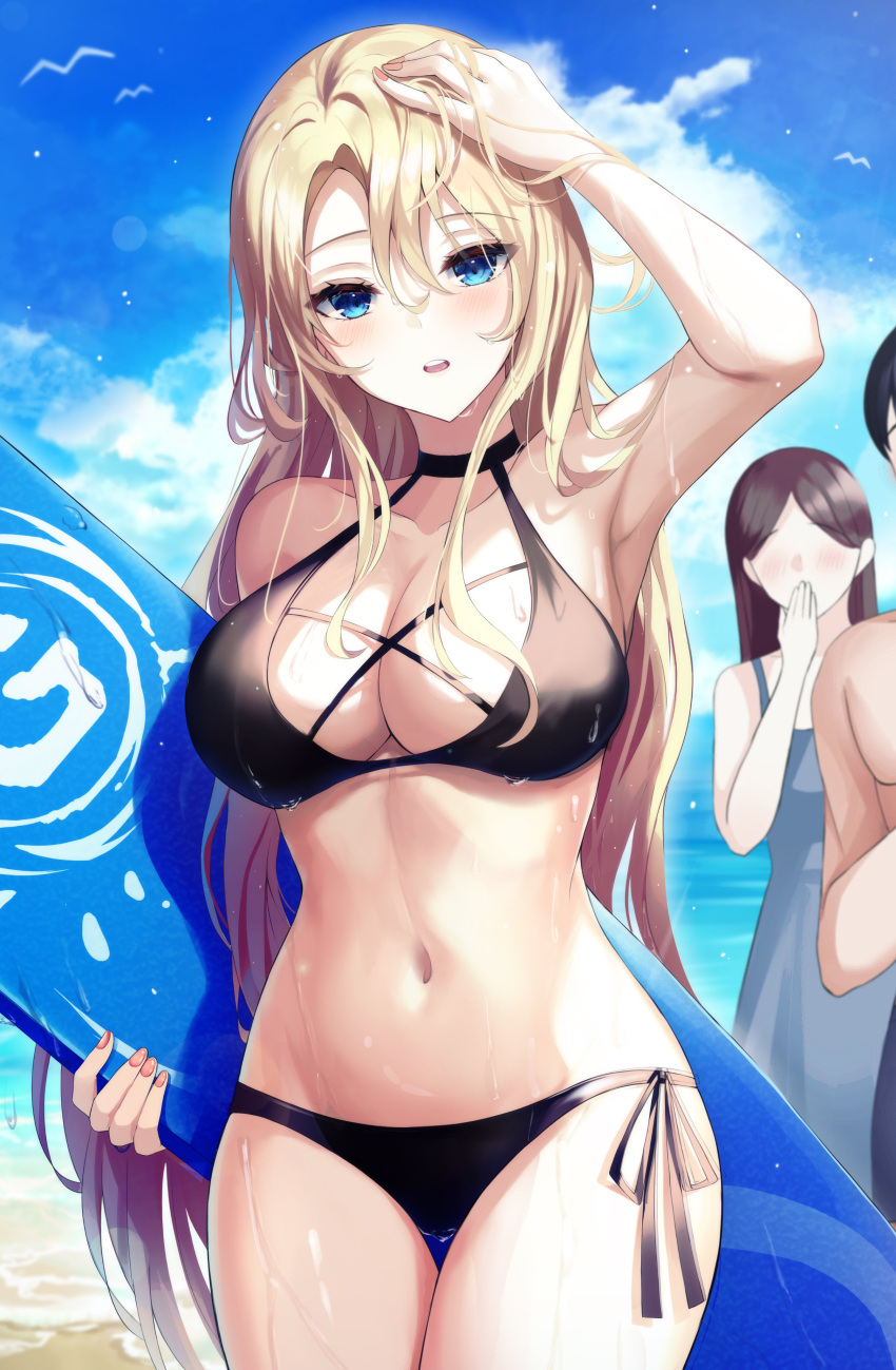 1boy 2girls absurdres arm_up armpits bare_arms bare_shoulders bikini black_bikini blonde_hair blue_eyes breasts cleavage commentary cowboy_shot elsword gongha halterneck highres large_breasts long_hair looking_at_viewer multiple_girls navel outdoors parted_lips prime_operator_(elsword) rose_(elsword) side-tie_bikini_bottom solo_focus standing stomach surfboard swimsuit thigh_gap thighs very_long_hair wet