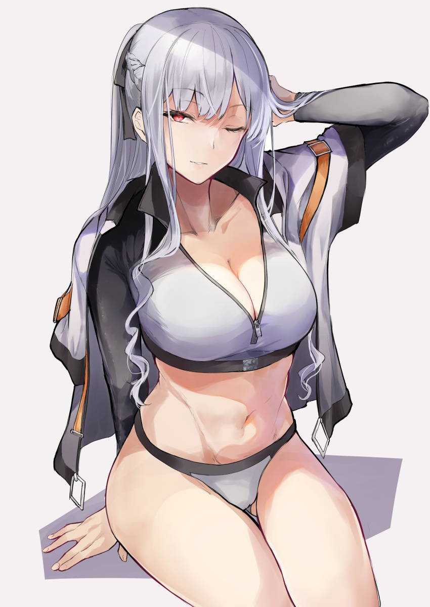 absurdres ak-12_(age_of_slushies)_(girls'_frontline) ak-12_(girls'_frontline) bikini blush braid breasts cleavage collarbone female french_braid girls'_frontline grey_bikini grey_hair grey_panties hand_in_own_hair highres jacket kyoyakyo large_breasts long_hair long_sleeves looking_at_viewer navel official_alternate_costume one_eye_closed open_clothes open_jacket panties parted_lips ponytail red_eyes sidelocks simple_background sitting solo sports_bikini swimsuit underwear white_background