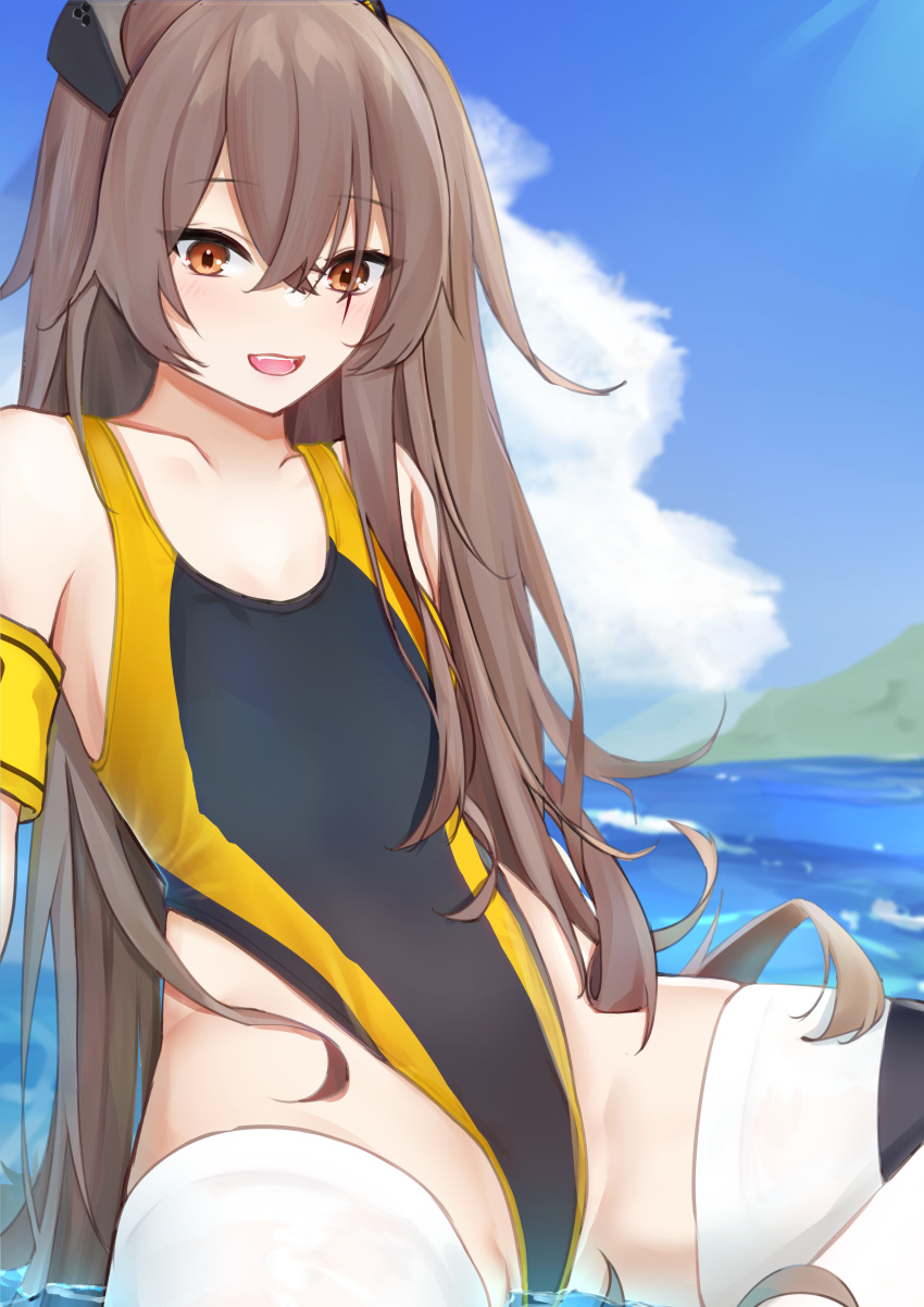 absurdres alternate_costume armband black_one-piece_swimsuit blue_sky brown_eyes brown_hair cloud cloudy_sky collarbone competition_swimsuit crossed_bangs female flat_chest girls'_frontline grey_hair hair_between_eyes highleg highleg_swimsuit highres indian_style kotoha_(kotoha65) long_hair looking_at_viewer one-piece_swimsuit one_side_up outdoors painttool_sai_(medium) partially_submerged psd_available scar scar_across_eye scar_on_face sitting sky spread_legs swimsuit teeth thighhighs two-tone_one-piece_swimsuit ump45_(girls'_frontline) upper_teeth_only very_long_hair water white_thighhighs yellow_armband yellow_one-piece_swimsuit