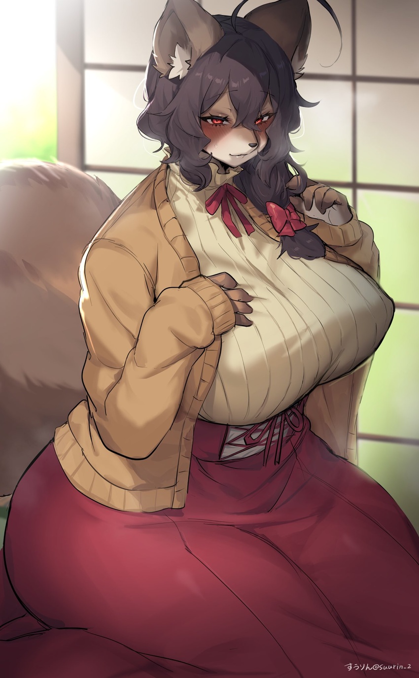 1girls big_breasts breasts canine female fluffy_tail fully_dressed furry hyper_breasts japanese_clothes japanese_clothing red_eyes suurin_(ksyaro) tagme