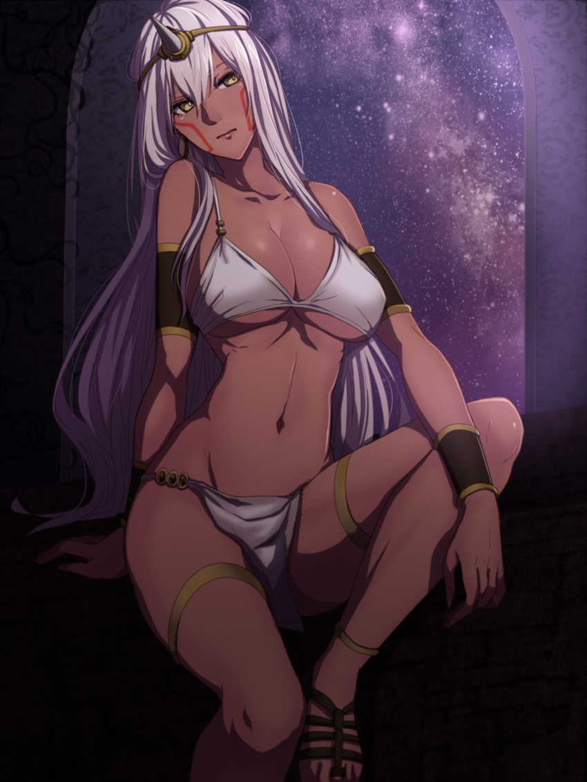 anklet bad_id bad_pixiv_id battle_tendency bikini bikini_top_only breasts dark-skinned_female dark_skin facial_mark female groin highres horns jewelry jojo_no_kimyou_na_bouken large_breasts long_hair meron photoshop_(medium) pillar_woman sandals single_horn solo swimsuit tattoo underboob white_bikini white_hair yellow_eyes