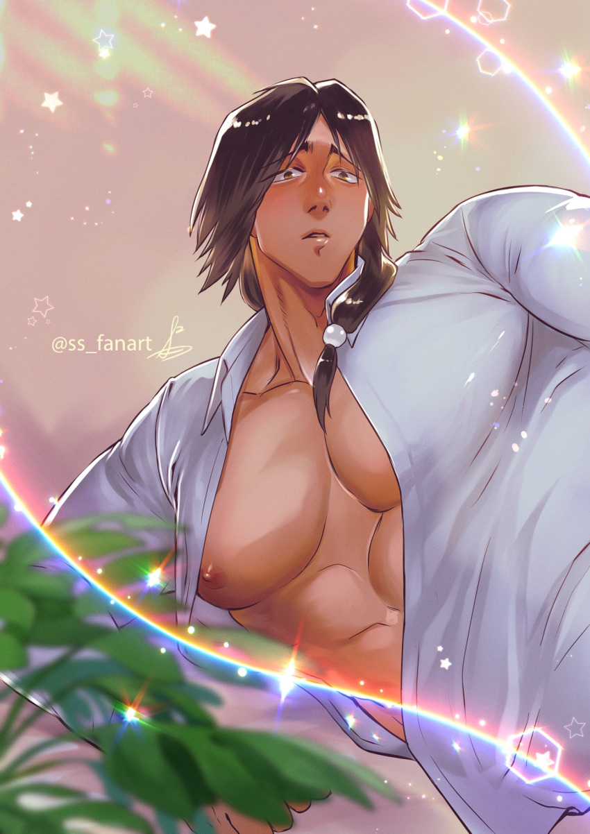 big_pecs brown_eyes brown_hair dark_hair gaolang_wongsawat kengan_(series) kengan_ashura long_hair long_hair_male looking_at_viewer low-tied_long_hair low_ponytail male male_only muscular muscular_male on_side open_shirt pecs ss_fanart tan_skin tied_hair upper_body