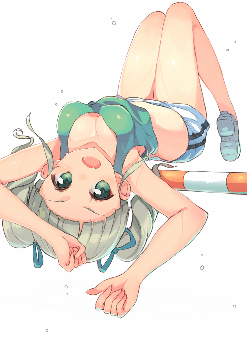 aikatsu! aikatsu!_(series) arched_back armpits blonde_hair blush breasts commentary_request drill_hair female green_eyes green_shirt hair_ribbon hajime_kaname high_jump highres jumping long_hair looking_at_viewer medium_breasts midriff oerba_yun_fang open_mouth ribbon shirt shorts smile solo tank_top todo_yurika track_and_field twin_drills twintails upside-down white_shorts