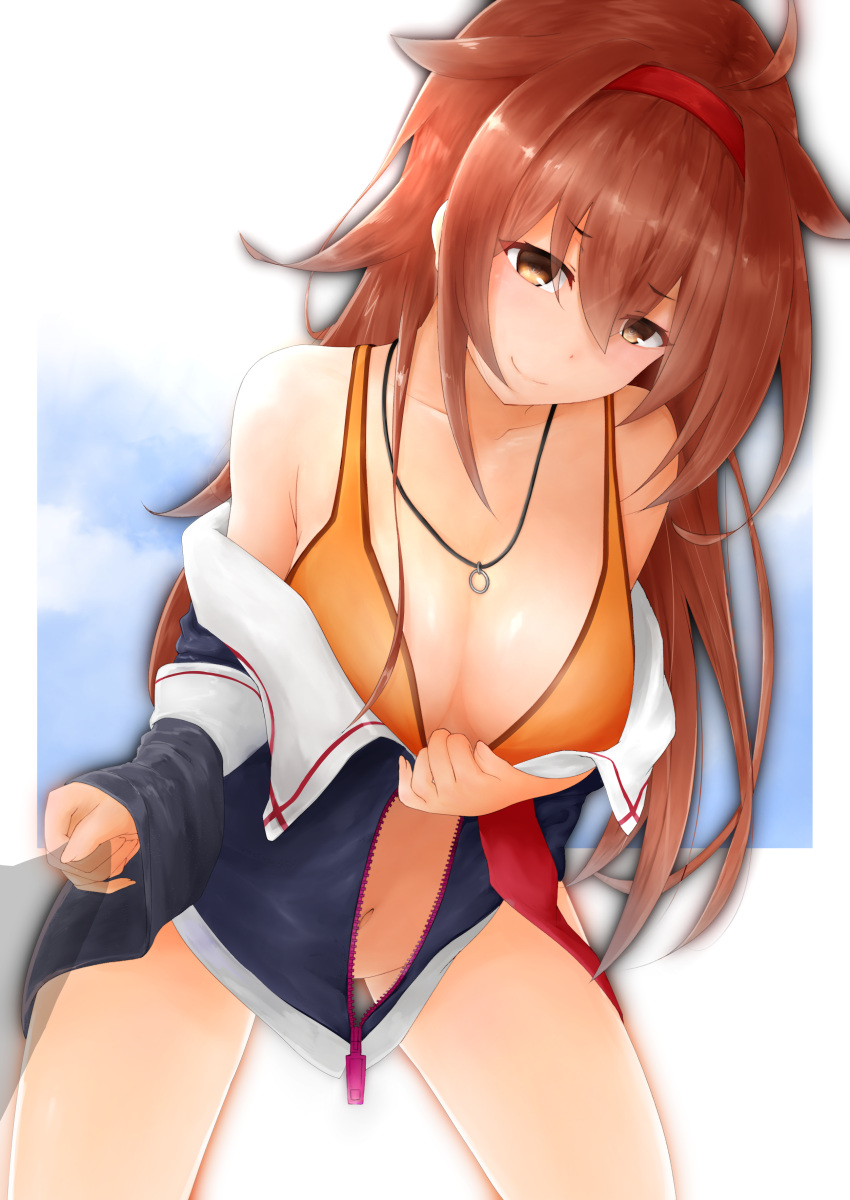 absurdres ahoge bad_id bad_pixiv_id bikini black_jacket blush breasts brown_eyes cleavage closed_mouth collarbone commentary_request day female hair_flaps headband highres jacket jewelry kantai_collection large_breasts leaning_forward long_hair looking_at_viewer necklace open_clothes open_jacket outside_border red_hair red_headband remodel_(kantai_collection) ring ring_necklace shiratsuyu_(kancolle) smile solo swimsuit terebi- wedding_ring yellow_bikini zipper