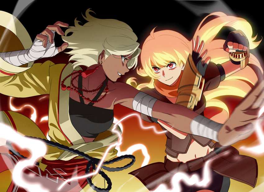 2girls ahoge arslan_altan bad_id bad_pixiv_id bandaged_arm bandaged_hand bandages bare_shoulders battle bead_necklace beads belt_pouch black_gloves blonde_hair clenched_hand closed_mouth collarbone cowboy_shot dark-skinned_female dark_skin duel earrings electricity eye_contact fingerless_gloves floating_hair gloves gradient_background halterneck hand_wraps highres jacket japanese_clothes jewelry kurohane long_hair long_sleeves looking_at_another motion_blur multiple_girls navel necklace off_shoulder orange_scarf outstretched_arm overskirt photoshop_(medium) pouch profile puffy_short_sleeves puffy_sleeves red_eyes rwby sash scarf short_hair short_sleeves shorts silver_hair smile smirk stomach tassel vambraces visible_air wide_sleeves yang_xiao_long yellow_eyes