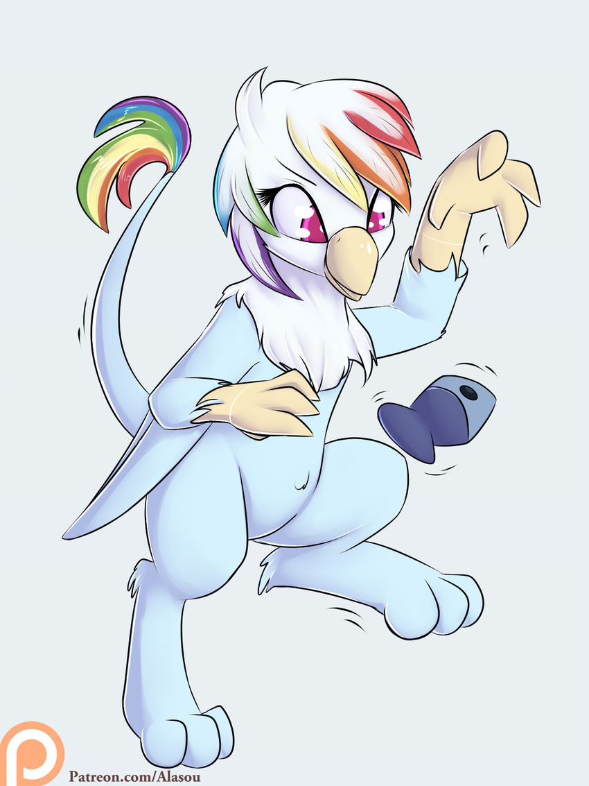 2016 3:4 action_pose alasou alternate_species avian beak feathered_wings feathers female feral fish friendship_is_magic gryphon gryphonification hair hasbro hi_res marine multicolored_hair my_little_pony mythological_avian mythological_creature mythology patreon patreon_logo pink_eyes pose rainbow_dash_(mlp) rainbow_hair raised_leg simple_background solo tail tail_tuft text tuft url website_logo white_background wings