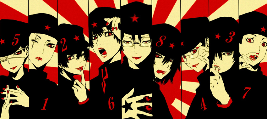 6+boys androgynous black_hair dafu_(litchi_hikari_club) dentaku_(litchi_hikari_club) eyepatch frown gakuran glasses hat highres jaibo_(litchi_hikari_club) kaneda_(litchi_hikari_club) litchi_hikari_club multiple_boys muted_color nico_(litchi_hikari_club) open_mouth peaked_cap raizou_(litchi_hikari_club) red_eyes scar school_uniform short_hair smile tamiya_(litchi_hikari_club) tongue tongue_out yakobu_(litchi_hikari_club) yyy_(orcrsy)