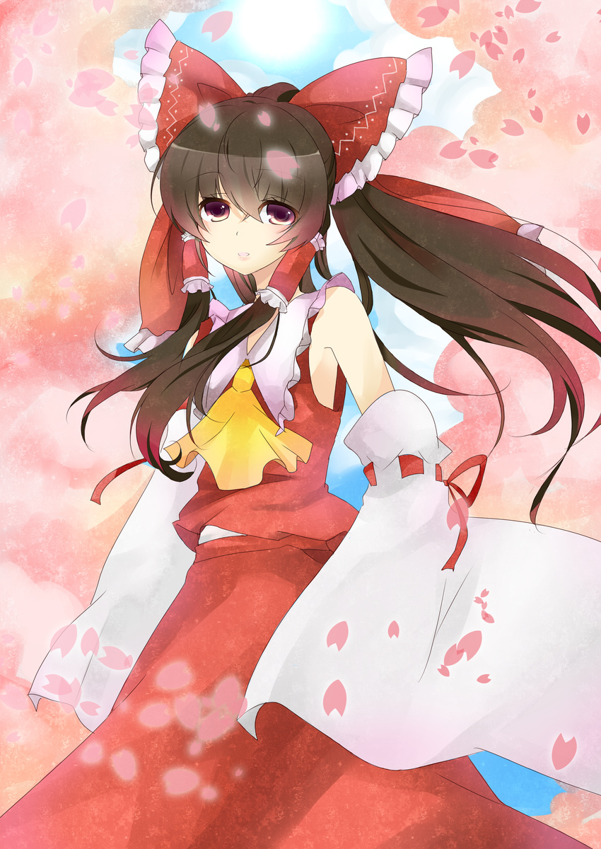 absurdres bare_shoulders bow cherry_blossoms commentary_request detached_sleeves female hair_ribbon hair_tubes hairbow hakurei_reimu highres long_hair mushi_baibai petals red_bow ribbon solo touhou