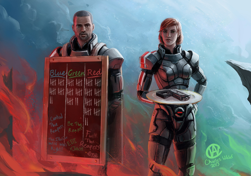 bioshock bioshock_infinite buzz_cut chalkboard charlie_wilcher commander_shepard commander_shepard_(female) commander_shepard_(male) commentary dual_persona english_commentary facial_hair female gun hand_on_hip handgun jennifer_hale mass_effect mass_effect_3 parody pistol power_armor red_hair robert_lutece rosalind_lutece seiyuu_connection short_hair sign stubble tray weapon