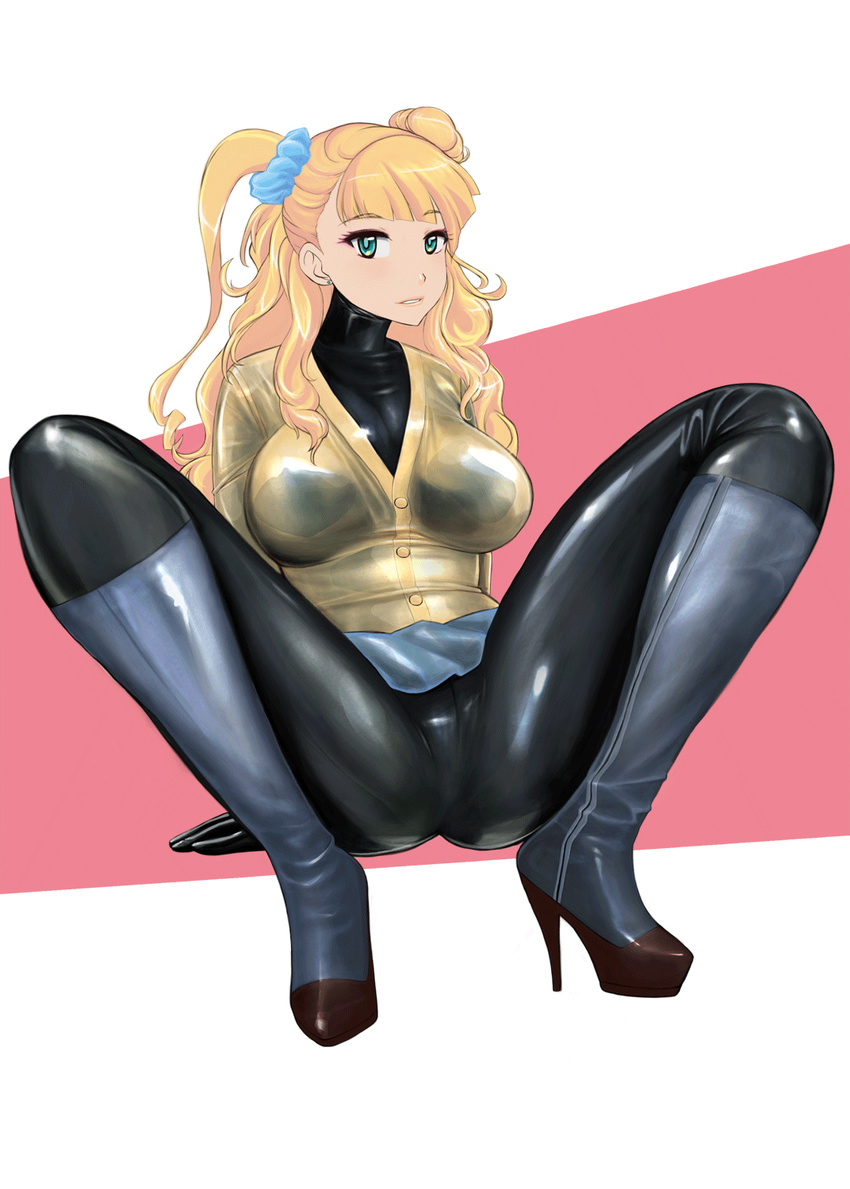 adapted_costume aqua_eyes arm_support asymmetrical_hair black_bodysuit blonde_hair blue_eyes bodysuit boots breasts buttons cardigan commentary_request earrings eyebrows eyelashes female full_body galko hair_bun hair_ornament hair_scrunchie high_heel_boots high_heels highres jewelry komii large_breasts latex latex_boots long_hair long_sleeves looking_at_viewer miniskirt one_side_up oshiete!_galko-chan parted_lips scrunchie shiny_clothes single_side_bun sitting skin_tight skirt solo spread_legs wavy_hair