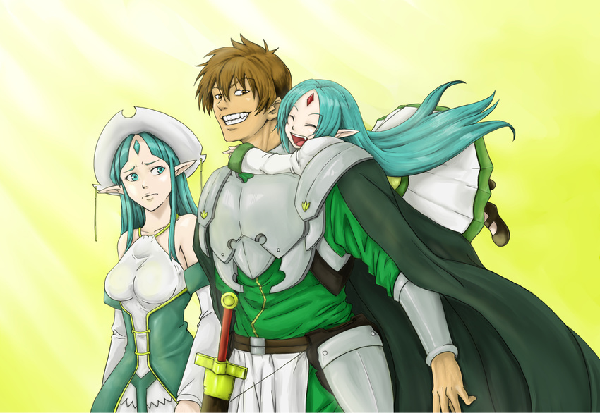 1boy aqua_eyes armor blue_hair brown_hair cape commentary_request dress elf forehead_jewel hat highres kalar_(race) long_hair mother_and_daughter multiple_girls pastel_kalar pointy_ears rance rance_(series) rance_quest reset_kalar short_hair smile sword takasakiyama_monmon weapon worried