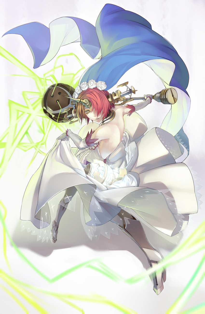 armor back bare_shoulders berserker_of_black boots breasts dress elbow_gloves fate/apocrypha fate/grand_order fate_(series) female frills gloves hair_ornament hair_over_one_eye horns lips mace open_mouth pink_hair see-through short_hair veil weapon white_dress yellow_eyes