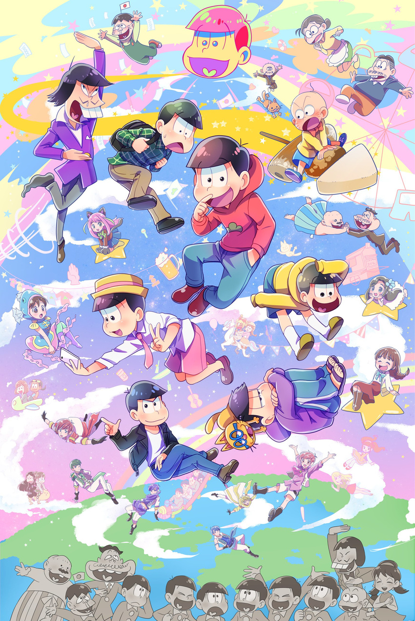 6+boys ;) absurdres backpack bag bald banner beer_mug beret black_hair blazer blonde_hair blue_hair bow bowl_cut braid brothers brown_hair buck_teeth cellphone chibimi chibita choroko_(osomatsu-san) cup dark-skinned_male dark_skin dayoon dekapan denim dress dress_shirt esper_nyanko everyone f6_(osomatsu-san) facial_hair facial_mark family feline fish_hood flag floating flower flower_fairy_(osomatsu-kun) food food_stand formal fujoshi ganguro genderswap_(mtf) green_hair hair_flower hair_ornament hairbow hand_in_pocket hashimoto_nyaa hat hatabou head_flag head_rest heart heart_in_mouth highres hijirisawa_shonosuke holding_hands homoo... hood hoodie horse hugging_own_legs ichiko_(osomatsu-san) idol iyami iyayo jacket japanese_flag jeans jyushiko_(osomatsu-san) jyushimatsu's_girlfriend karako_(osomatsu-san) leather leather_jacket lolicon long_hair long_skirt matsuno_choromatsu matsuno_ichimatsu matsuno_jyushimatsu matsuno_karamatsu matsuno_matsuyo matsuno_matsuzou matsuno_osomatsu matsuno_todomatsu messy_hair money mori_girl moustache mug multicolored_hair multiple_boys multiple_persona natsuki_nori necktie oden office_lady one_eye_closed osoko_(osomatsu-san) osomatsu-kun osomatsu-san osomatsu_(series) overalls pants phone pink_hair pink_necktie plaid plaid_shirt porkpie_hat protected_link purple_hair red_hair rubbing_nose rule_63 runny_nose sandals sanematsu_(osomatsu-san) scarf school_uniform selfie sextuplets sheeeh! shirt shorts siblings single_vertical_stripe skirt sleeves_past_wrists slippers smartphone smile snot socks star_(symbol) streaked_hair striped_clothes striped_pants suit sundress sweater sweater_dress tan teeth time_paradox todoko_(osomatsu-san) topless_male track_pants train v vest whisker_markings yatai yowai_totoko