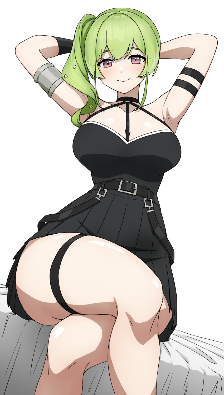 absurdres arm_strap armpits arms_behind_head arms_up black_dress blush breasts closed_mouth commission cosplay crossed_legs daydarion dress english_commentary female green_hair highres ichika_maia indie_virtual_youtuber large_breasts long_hair looking_at_viewer pixiv_commission red_eyes side_ponytail simple_background sitting smile solo sousou_no_frieren thick_thighs thigh_strap thighs ubel_(sousou_no_frieren) ubel_(sousou_no_frieren)_(cosplay) virtual_youtuber white_background