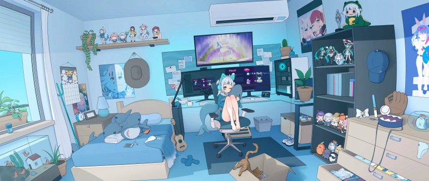 absurdres air_conditioner alarm_clock animal_ear_headphones animal_ears baseball_(object) baseball_cap baseball_mitt bed bedroom bloop_(gawr_gura) blue_eyes blue_hair blue_hoodie bowl bubba_(watson_amelia) cactus calendar_(object) cat_ear_headphones character_doll clock coffee coffee_mug computer computer_mouse cowboy_hat cup curtains death-sensei_(mori_calliope) desk desk_lamp drawer ebi-chan_(gawr_gura) fake_animal_ears feet feline female figure fins fish_tail fish_tank fishbowl gawr_gura grey_hair hat hatsune_miku headphones highres hololive hololive_english hood hoodie houshou_marine indoors instrument inugami_korone knees_up kotori_(takanashi_kiara) lamp lucasyecla99 minato_aqua monitor mori_calliope mug multicolored_hair natsufuku_miku ninomae_ina'nis on_chair one_eye_closed open_drawer panties pillow plant polearm poster_(object) potted_plant reflect_(gawr_gura) sandals shark_girl shark_tail shelf shoes shrimp sitting solo stuffed_animal stuffed_shark stuffed_toy tail takanashi_kiara takodachi_(ninomae_ina'nis) trash_can trident underwear usada_pekora virtual_youtuber vocaloid watson_amelia weapon window