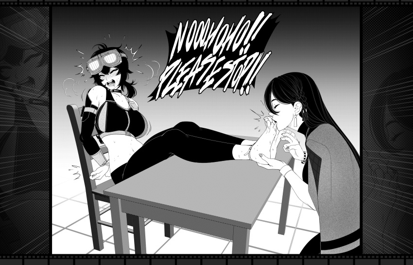 2girls barefoot black_hair blush bound bound_ankles bound_wrists chair closed_eyes feet feet_on_table foot_worship goggles goggles_on_head grace_howard highres kusujinn laughing licking licking_foot monochrome multiple_girls soles sweat table tickling toes zenless_zone_zero