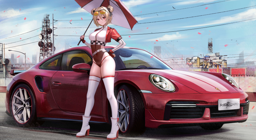 absurdres ankle_boots bikini blue_sky boots car commission cropped_jacket double_bun eyewear_on_head female fingerless_gloves girls'_frontline gloves hair_bun highleg highleg_bikini highres kcar66t light_brown_hair location_request motor_vehicle navel p90_(girls'_frontline) pixiv_commission porsche porsche_911 porsche_992 race_queen radio_antenna red_eyes see-through shrug_(clothing) sky solo sunglasses swimsuit thighhighs tinted_eyewear white_footwear white_thighhighs yellow-tinted_eyewear