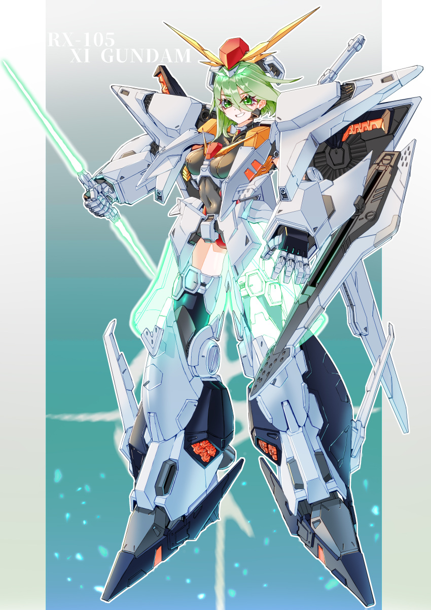 absurdres ag_00000 armor armored_boots beam_saber black_leotard boots breasts character_name covered_navel double-blade female full_body green_eyes green_hair grin gundam gundam_hathaway's_flash hair_between_eyes headgear highres holding holding_sword holding_weapon humanization large_breasts leotard light_blush long_hair looking_at_viewer mecha_musume outside_border pillarboxed smile solo sword v-fin weapon xi_gundam