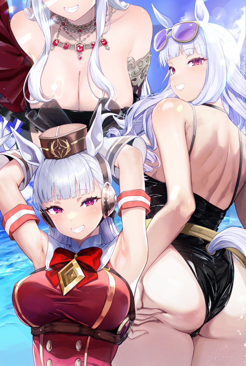 absurdres animal_ears armpits arms_behind_head ass back bare_shoulders black_one-piece_swimsuit blue_hair blunt_bangs blush breasts cleavage elbow_gloves eyewear_on_head female fuwamozzi gloves gold_ship_(la_mode_564)_(umamusume) gold_ship_(run_revolt_launcher)_(umamusume) gold_ship_(umamusume) grin hat highres horse_ears horse_girl horse_tail jewelry large_breasts long_hair looking_at_viewer multiple_views necklace one-piece_swimsuit presenting_armpit purple_eyes smile sunglasses swimsuit tail umamusume umamusume:_cinderella_gray white_gloves