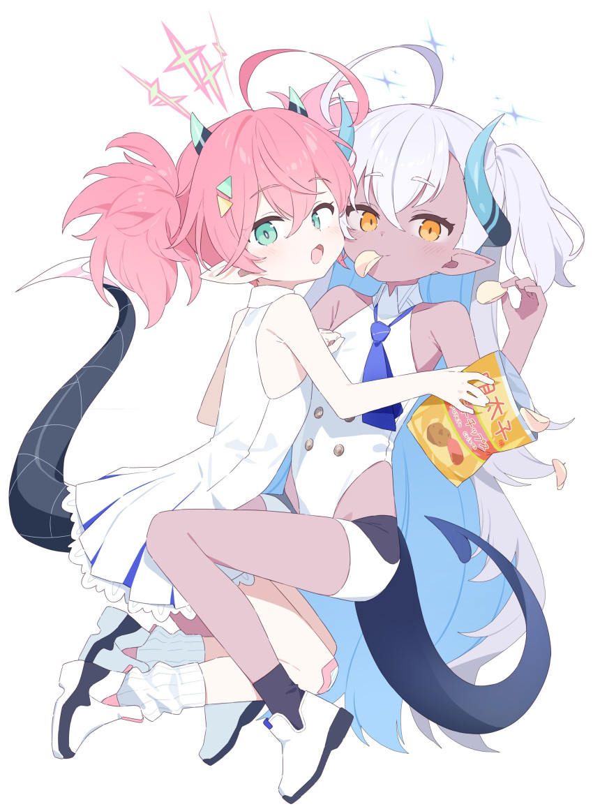 2girls absurdres ahoge aqua_eyes bare_shoulders black_socks blue_archive blue_necktie cheek-to-cheek chips_(food) commentary dark-skinned_female dark_skin dress food food_in_mouth heads_together highres hip_vent holding holding_food horns huge_ahoge long_hair looking_at_viewer looking_to_the_side loose_socks momoka_(blue_archive) multiple_girls necktie open_mouth orange_eyes pink_hair pointy_ears potato_chips shoes short_hair side-by-side simple_background sleeveless smile socks sumomo_(blue_archive) tail triangle_hair_ornament twintails two_side_up urotsuki_(2013.04) very_long_hair white_background white_dress white_footwear white_hair white_socks