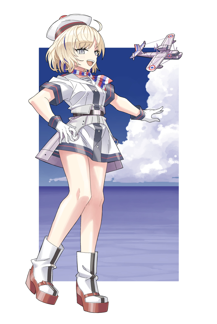 :d absurdres ahoge belt beret blonde_hair blue_hair blue_sky boots border cloud commentary_request dress female french_flag_print gloire_(kancolle) gloves grey_eyes hand_on_own_hip hat highres kantai_collection kazh_(kazu) loire_130 microdress multicolored_hair neckerchief ocean open_mouth outside_border sailor_collar seaplane short_sleeves sky smile solo streaked_hair teeth upper_teeth_only white_border white_dress white_footwear white_gloves white_sailor_collar