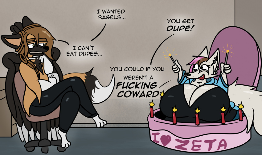 2023 african_wild_dog agender anthro arctic_fox big_breasts birthday_cake breasts brown_hair cake canid canine canis chair crossed_legs cubi_(race) demon dessert dialogue duo dupe_(moustachespotatoes) ear_piercing ear_ring english_text feathered_wings feathers female food fox furniture grey_eyes hair happy head_wings hi_res huge_breasts humor inside mammal moustachedpotatoes mythological_creature mythology nonbinary_(lore) office_chair piercing profanity project_future ring_piercing sitting smile sparklers text true_fox unimpressed unusual_wing_placement wings zeta_(merlin-the-bruce)