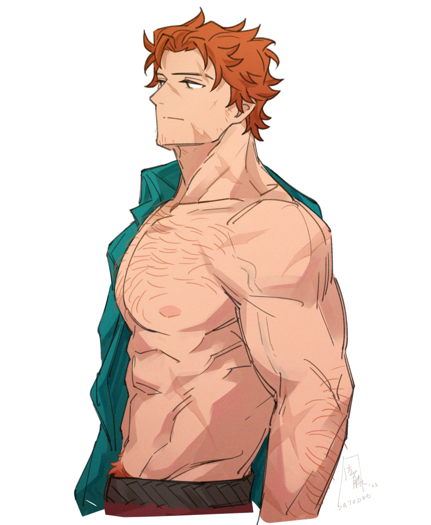 1boy abs absurdres arm_hair biceps chest_hair closed_mouth collarbone collared_shirt commentary dated english_commentary fire_emblem fire_emblem:_three_houses green_shirt groin highres looking_ahead male_focus male_pubic_hair multiple_scars navel nipples orange_hair pants pectorals profile pubic_hair red_pants satodee scar scar_on_arm scar_on_cheek scar_on_chest scar_on_face scar_on_neck scar_on_shoulder shirt shirt_partially_removed signature simple_background single_bare_shoulder solo sylvain_jose_gautier twitter_username veins veiny_arms wavy_hair white_background