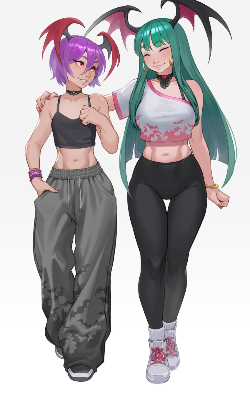 2girls ^_^ alternate_costume black_pants bracelet breasts casual cheshirrr closed_eyes crop_top darkstalkers demon_girl earrings fingernails full_body green_hair grey_background hair_between_eyes hand_in_pocket hands_on_another's_shoulders head_wings highres hoop_earrings jewelry lilith_(darkstalkers) long_hair medium_breasts midriff morrigan_aensland multiple_girls nail_polish navel pants purple_hair red_eyes red_nails short_hair small_breasts walking wings